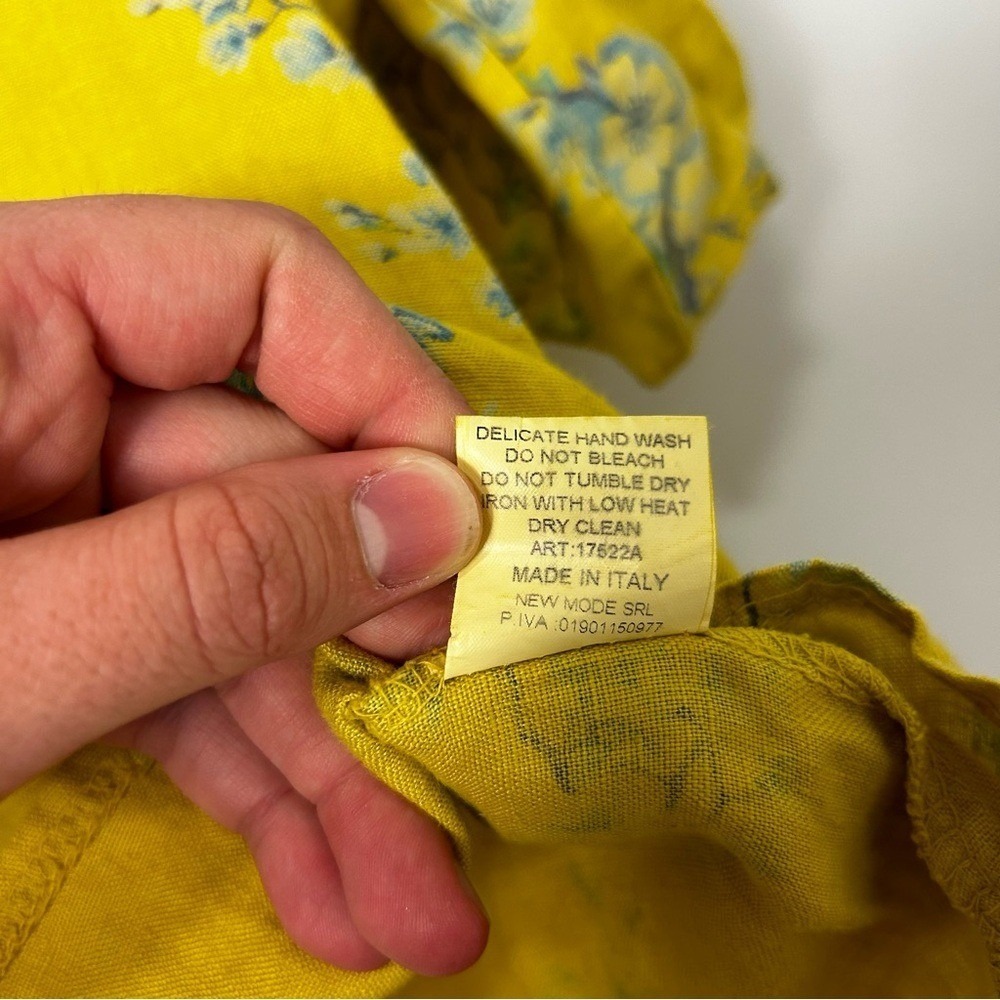 Bellambra Italy Yellow Linen Bird‎ Floral Print Flutter Sleeve Top Cottagecore S - Picture 6 of 7